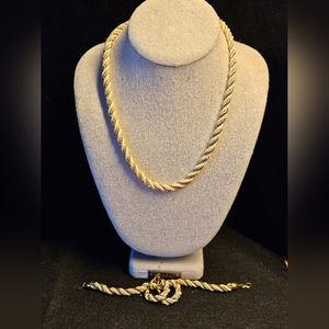 Vintage rope twist gold tone faux pearl necklace earrings and bracelet set